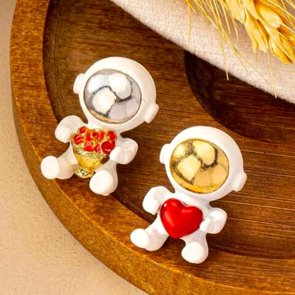 Astronaut Heart & Roses Stud Earrings